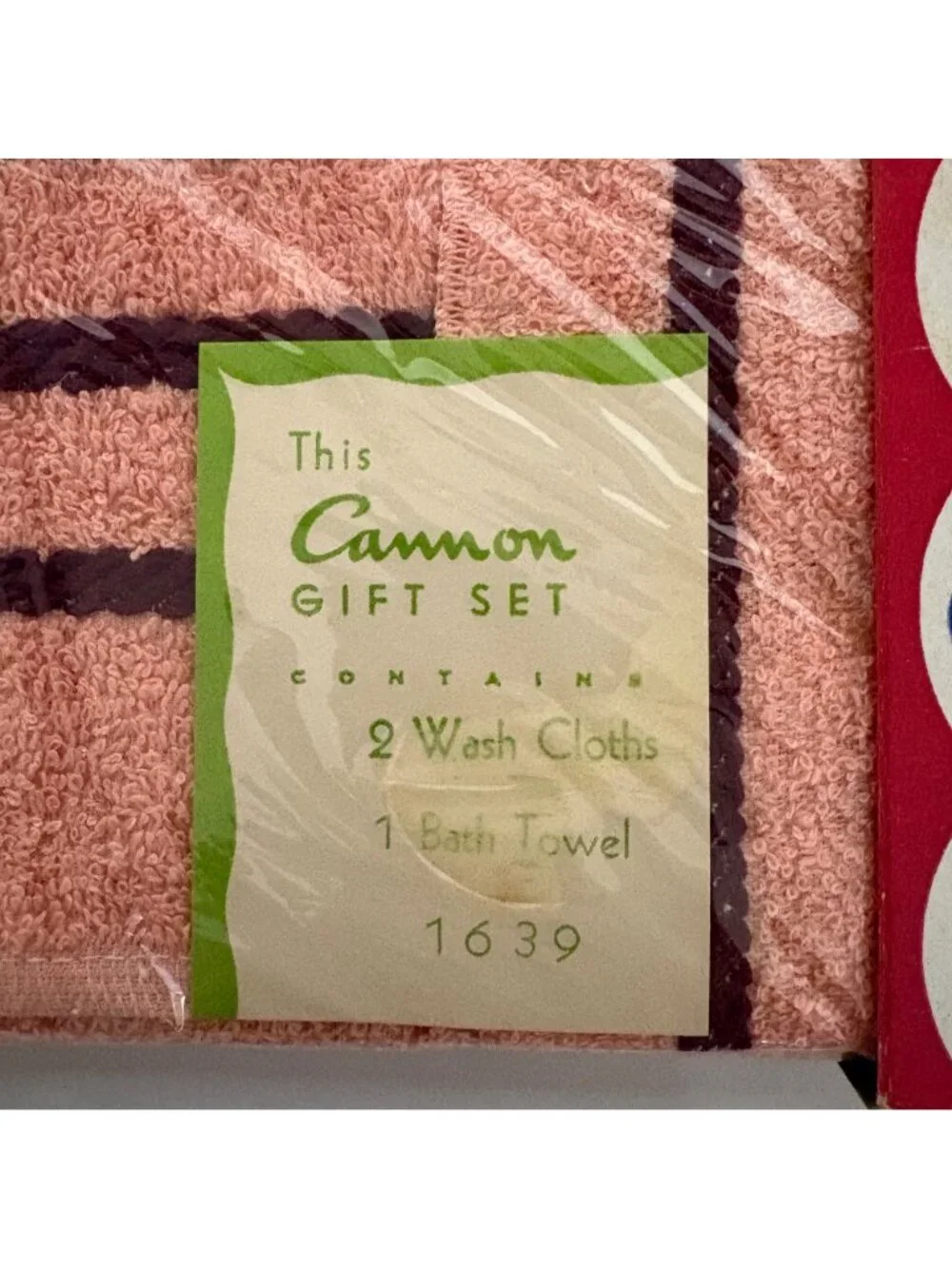 Cannon Gift Set Vintage 1 Bath Towel & 2 Wash Cloths Pink Peach Maroon Stripe